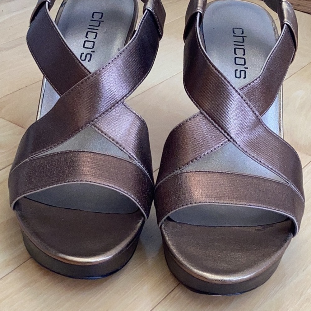 CHICOS bronze, open toe sling back espadrille wedge sandals. Women size 9.5 - Picture 4 of 16